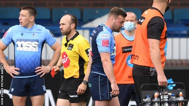 Cardiff Blues back Owen Lane being shown the red card by Scottish referee Mike Adamson against Dragons