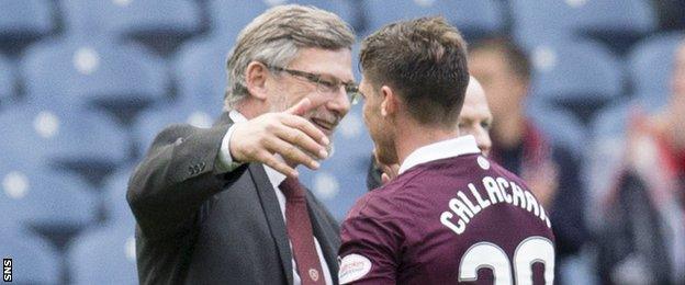 Hearts manager Craig Levein congratulates debutant Ross Callachan