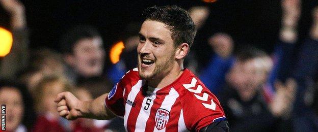 Dean Jarvis celebrates after equalising in the 84th minute at Maginn Park