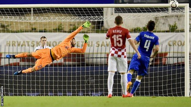 Keeper Salvatore Sirigu in action for Italy in a Euro 2016 qualifier against Croatia