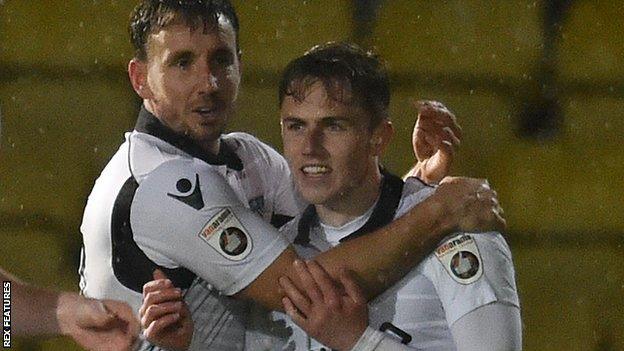 Eastleigh celebrate Sam Matthews' second goal at Torquay