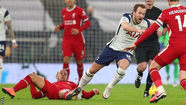 Spurs' Harry Kane is fouled by Thiago Alcantara