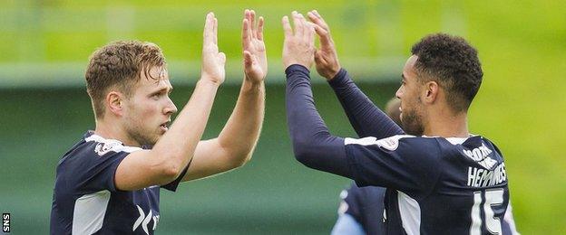 Greg Stewart and Kane Hemmings celebrate for Dundee