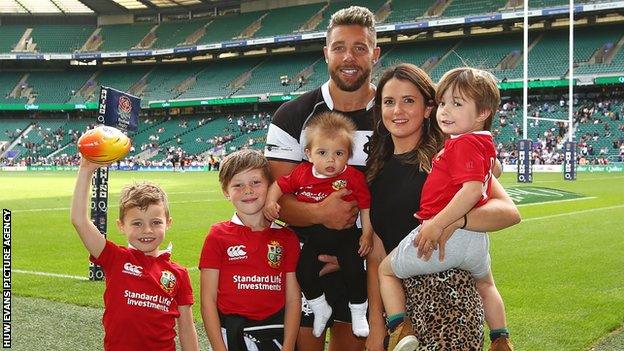 Rhys Webb with his partner Delyth and their three sons Regan, 8, Jesse, 4, and Remi, 1