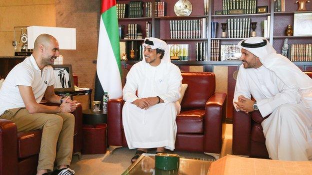 Pep Guardiola with Sheikh Mansour and Khaldoon Al Mubarak