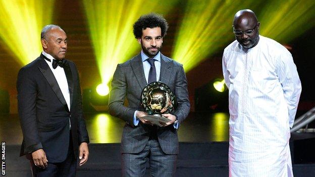 Caf president Ahmad Ahmad, Mohamed Salah and Liberian president George Weah