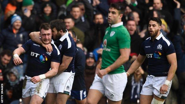 Scotland's Stuart Hogg celebrates a try against Ireland