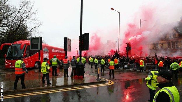 Liverpool coach arriving at Anfield