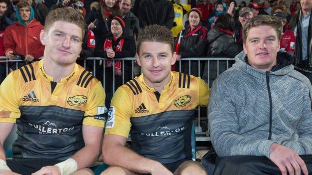 Jordie Barrett of the Hurricanes, Beauden Barrett of the Hurricanes and Scott Barrett of the Crusaders