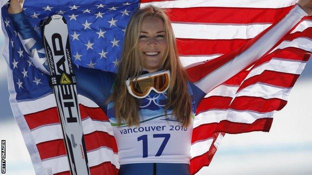 Lindsey Vonn winning gold at the Vancouver Olympics in 2010