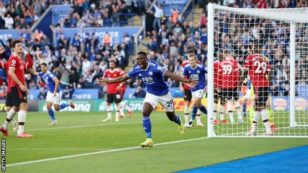 Patson Daka celebrates scoring against Manchester United