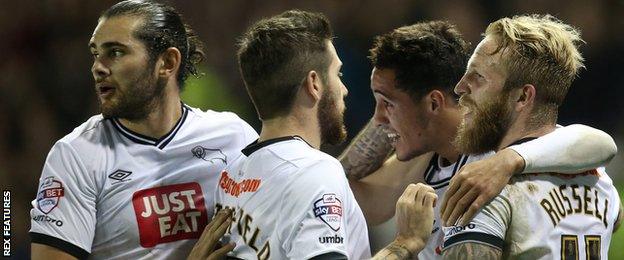 (l-r) Summer signings, Bradley Johnson, Jacob Butterfield and Tom Ince along with Johnny Russell