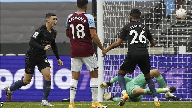 Phil Foden celebrates scoring for Manchester City against West Ham