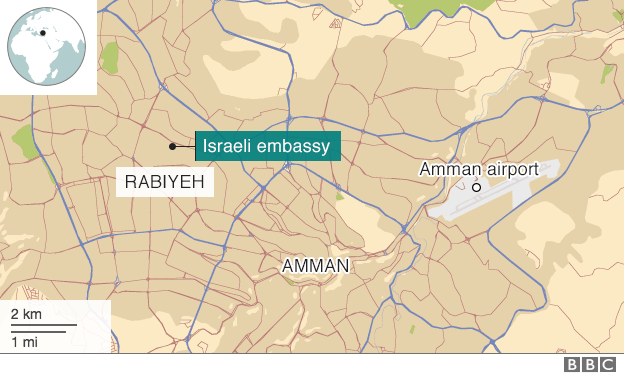 Map showing Israeli embassy in Amman