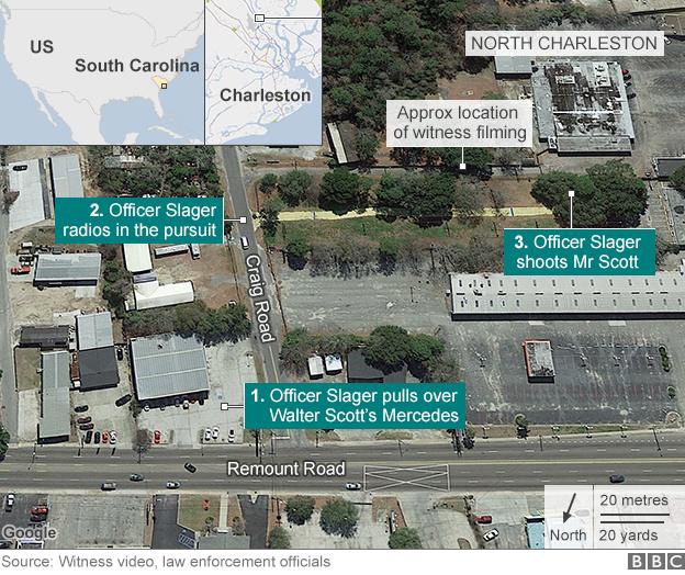 Map showing the location of the shooting of Walter Scott