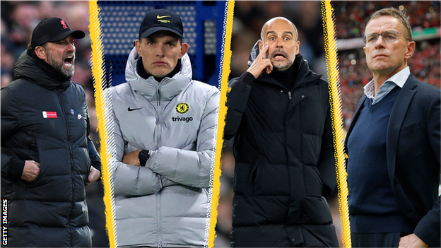 Left to right: Liverpool boss Jurgen Klopp, Chelsea boss Thomas Tuchel, Manchester City boss Pep Guardiola and Manchester United manager Ralf Rangnick