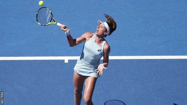 Johanna Konta hits a volley during her Australian Open win over Madsion Brengle