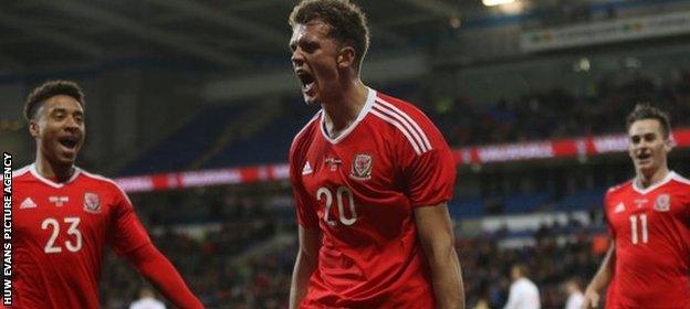 Emyr Huws celebrates his goal against the Netherlands