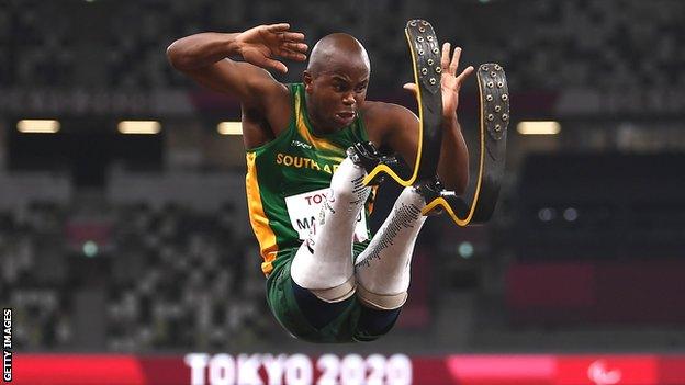 Ntando Mahlangu in action during the T63 long jump at the Tokyo Paralympics