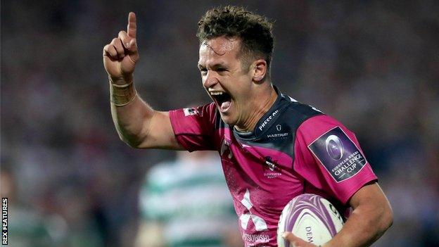 Billy Burns celebrates scoring a try for Gloucester