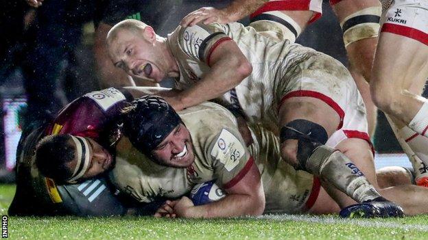 Tom O'Toole scores a try for Ulster against Harlequins in last season's Heineken Champions Cup