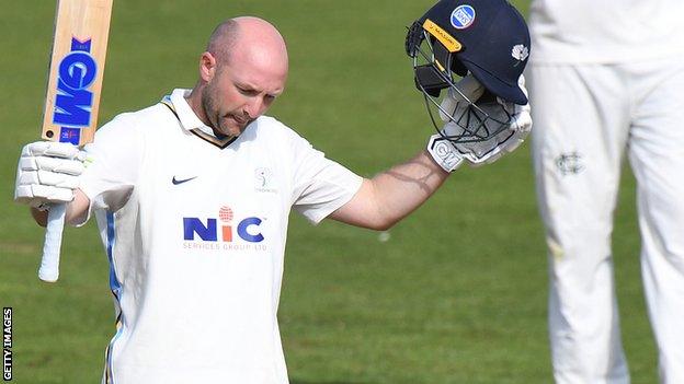 Yorkshire opener Adam Lyth celebrates reaching 100