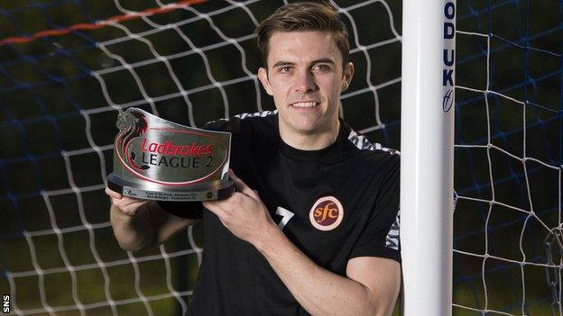 Stenhousemuir striker Mark McGuigan with his League Two player of the month trophy for October