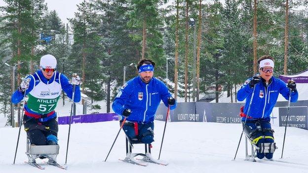 Stephen Thomas (r) trains with the Great Britain Para Nordic skiing team.