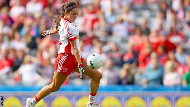 Niamh Hughes is about to stroke in Tyrone's second goal at Croke Park