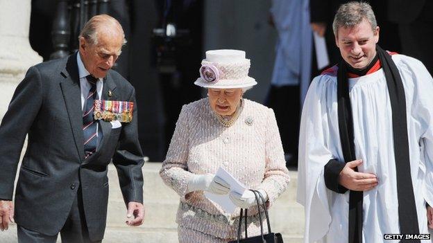 Queen Elizabeth II and Prince Philip, Duke of Edinburgh during the 70th Anniversary commemorations of VJ Day (Victory over Japan) at St Martin-in-the-Fields