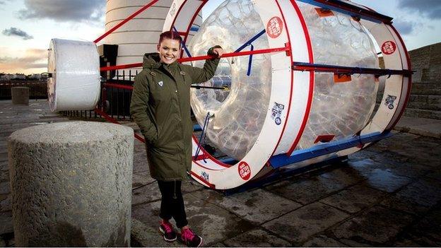 Lindsey Russell used a specially made zorb to ride the waves across the Irish Sea from Ireland to Scotland as part of her Waverunner challenge