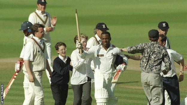 Brian Lara receives congratulations after his world record 501 not out at Edgbaston, 6 June 1994