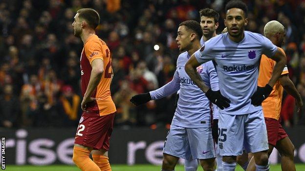 Pierre-Emerick Aubameyang (right) in action for Barcelona against Galatasaray in the Europa League