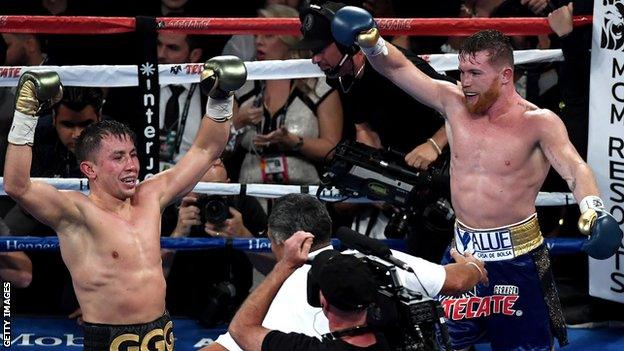 Gennady Golovkin and Saul Alvarez celebrate at the end of their world middleweight title fight in September 2017