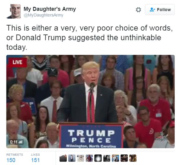 Tweet by Huffington Post writer: "This is either a very, very poor choice of words or Donald Trump suggested the unthinkable today"