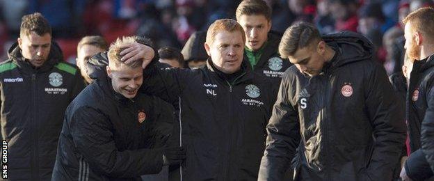 Hibs boss Neil Lennon congratulates Aberdeen's hat-trick hero Gary Mackay-Steven