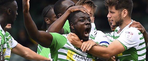 Yeovil players celebrate a goal against Accrington