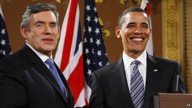 Gordon Brown and Barack Obama appear at a joint press conference on the first day of the 2009 G20 summit in London