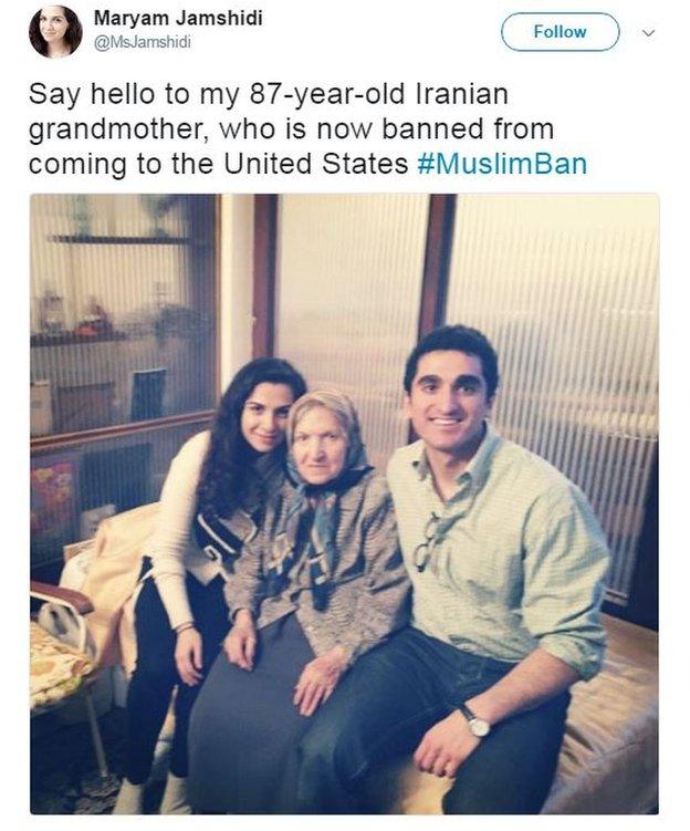 Maryam Jamshidi tweets a photo of her grandmother with the caption: "Say hello to my 87-year-old Iranian grandmother, who is now banned from coming to the United States #MuslimBan".