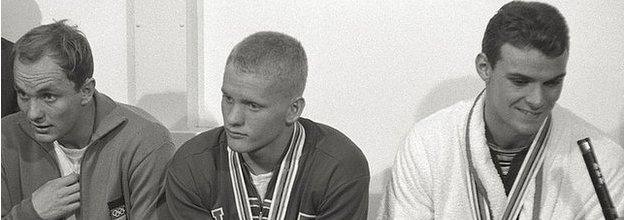 Bobby McGregor, right, was beaten to gold by Don Schollander, centre, in Tokyo