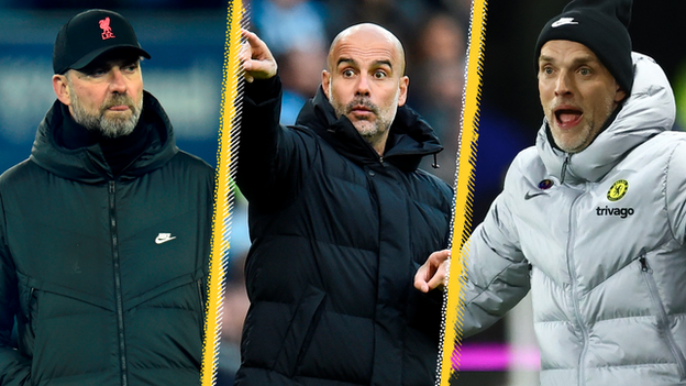 Liverpool manager Jurgen Klopp (left), Manchester City boss Pep Guardiola (centre) and Chelsea manager Thomas Tuchel