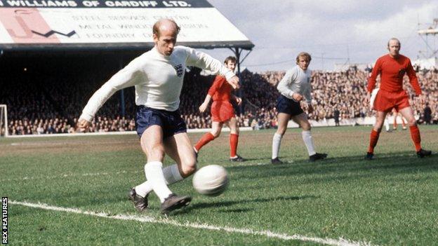 England midfielder Bobby Charlton in action against Wales in the 1970 British Home Championship game at at Ninian Park, Cardiff