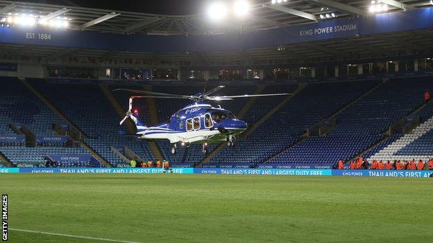 Vichai Srivaddhanaprabha's helicopter taking off from the King Power Stadium