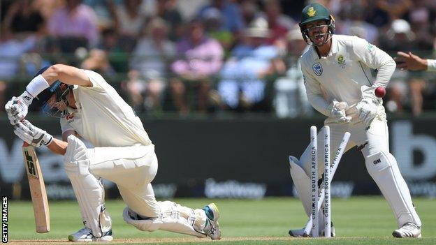 England batsman Joe Denly is bowled by South Africa spinner Keshav Maharaj on day one of the second Test against South Africa in Cape Town