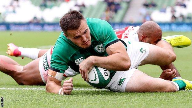 Jacob Stockdale scored his 19 international try in his last Ireland appearance against Japan 15 months ago