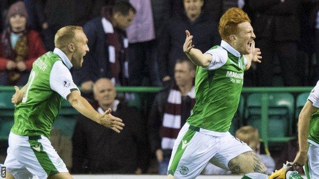 Simon Murray celebrates scoring for Hibernian against Heart of Midlothian