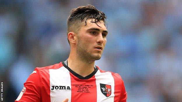 Jordan Moore-Taylor of Exeter City in the League Two Play Off Final between Coventry City and Exeter City in 2018