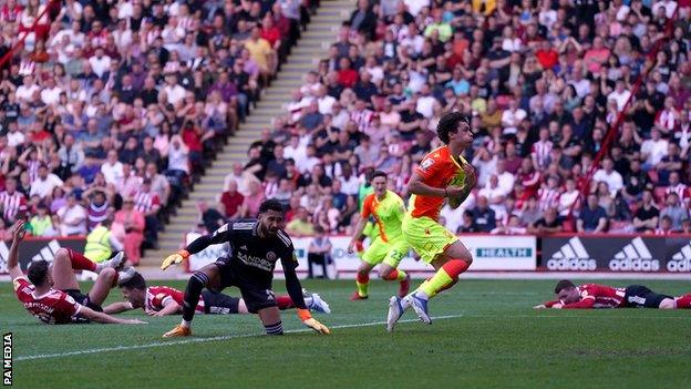 Brennan Johnson scores against Sheffield United at Bramall Lane