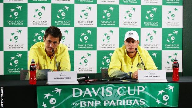 Bernard Tomic and Lleyton Hewitt at a 2016 Davis Cup news conference