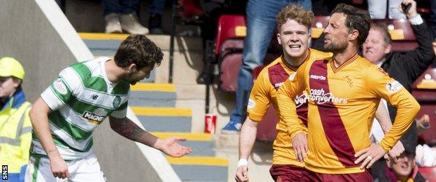 Scott McDonald celebrates after scoring for Motherwell against Celtic